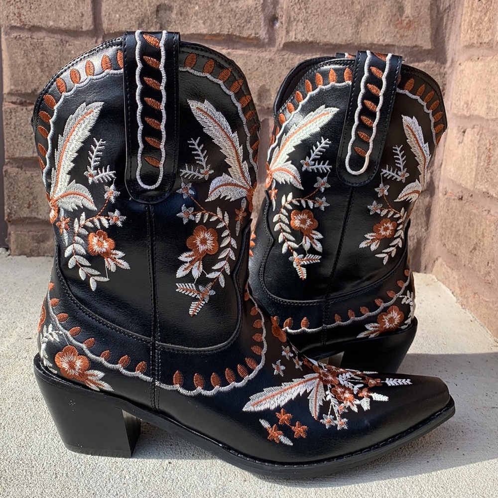 Embroidered Black Ankle Boots